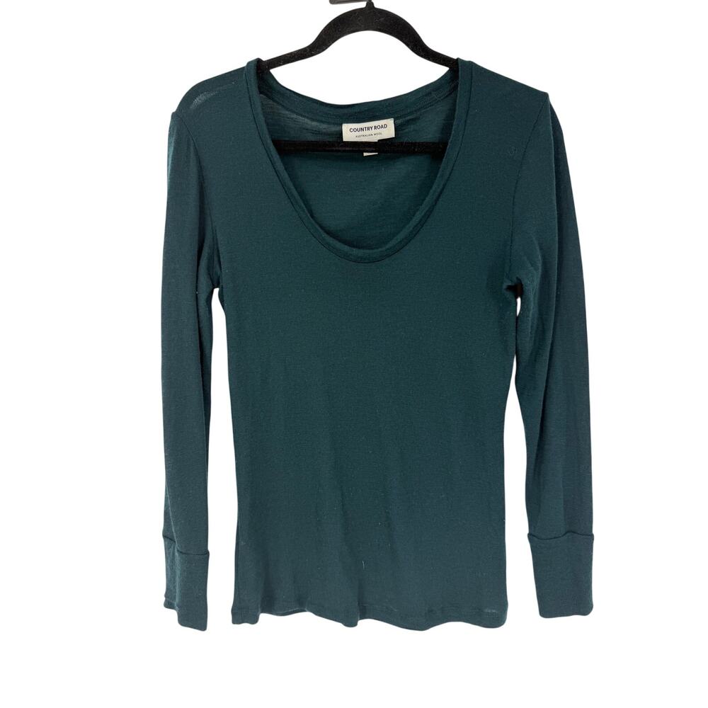Country Road Australian Wool Base Layer Top M Green 100% Merino Wool Scoop Neck